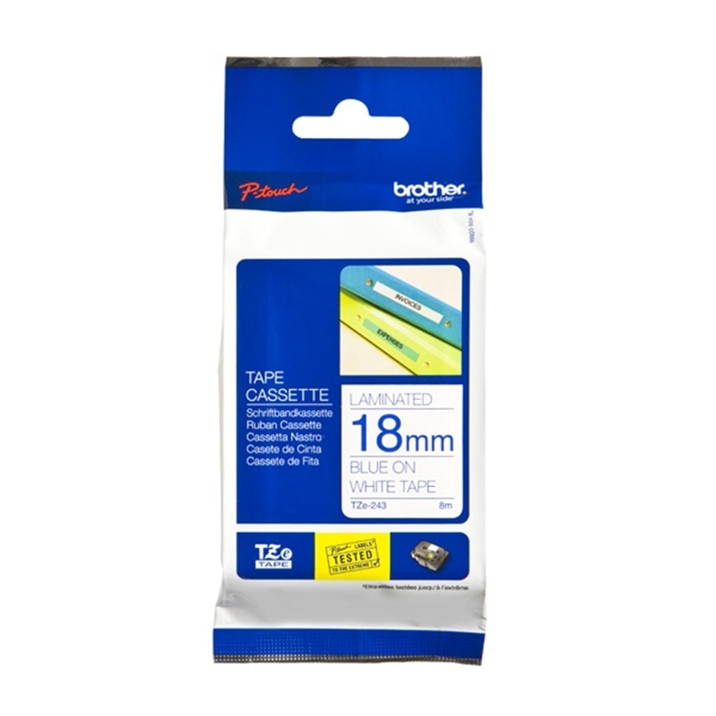 Cinta Brother TZ-243 Laminada Azul Sobre Blanco 18mmx8m PT300/310B/330/530