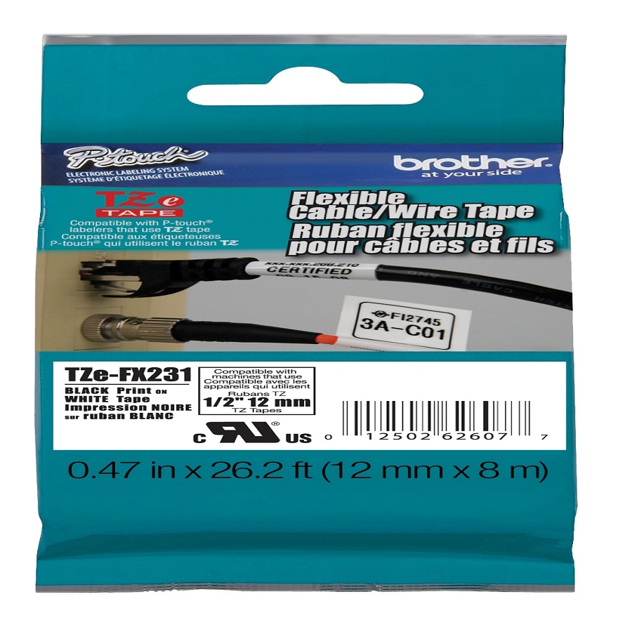 Cinta brother tzefx231 laminada flexible texto negro fondo blanco 12mmx8m