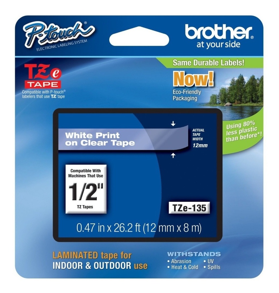 Cinta brother tzes135 blanco sobre transparente 12 mm eresistente