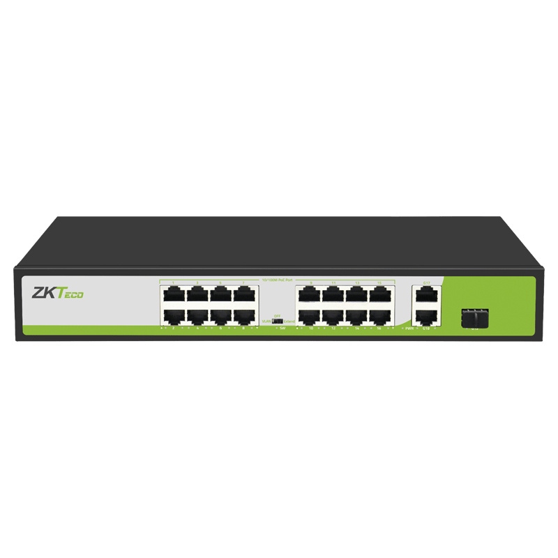 Switch ZKTeco Fast Ethernet PE162-200-C, 16 Puertos PoE 10/100Mbps, 2 Puertos 10/100/1000Mbps + 1 Puerto SFP, 9.2 Gbit/s, 2.000 Entradas - No Administrable
