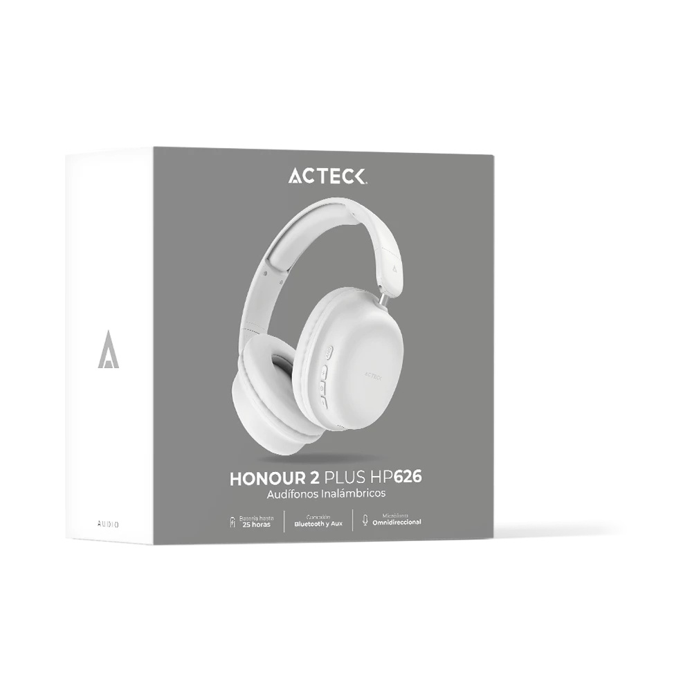 Audifonos acteck honour 2 plus hp626, inalambricos, aux. 3.5mm, usb tipo c, microfono, blanco