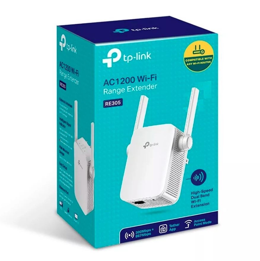 Expansor de rango tp-link re305 ac1200 wi-fi, dual band 300mbps + 867mbps, 1 puerto ethernet, 2 antenas