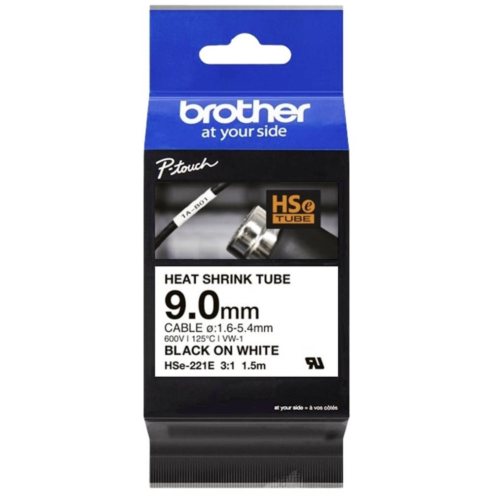 Cinta de Etiquetas Brother HSE-221E, 8.8mm x 1.5M, Negro sobre Blanco