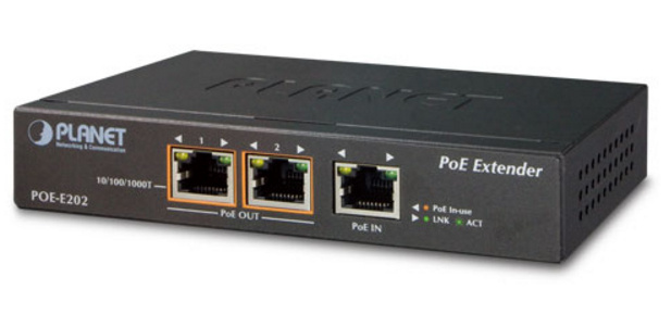 Extensor poe planet poe-e202/  1 puerto rj45 entrada  velocidad de transmision 10/100/1000 mbps recibe poe activa af/at + 2 puer
