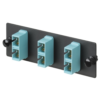 Placa acopladora de fibra optica fap, con 3 conectores sc duplex (6 fibras), para fibra multimodo om3/om4, color aqua