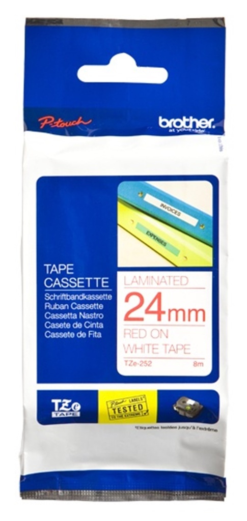 Cinta Brother TZE252 Laminada Estándar Texto Rojo Fondo Blanco 24mmx8m