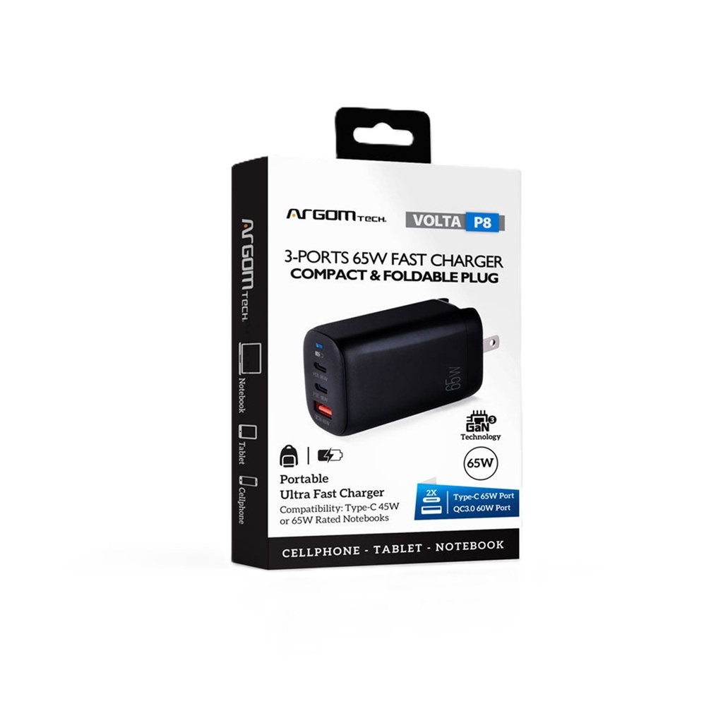 Cargador de Pared Argomtech 3 Puertos PD 65W PD 2 x Tipo-C y USB QC3.0 65W Enchufe Plegable Carga Rápida