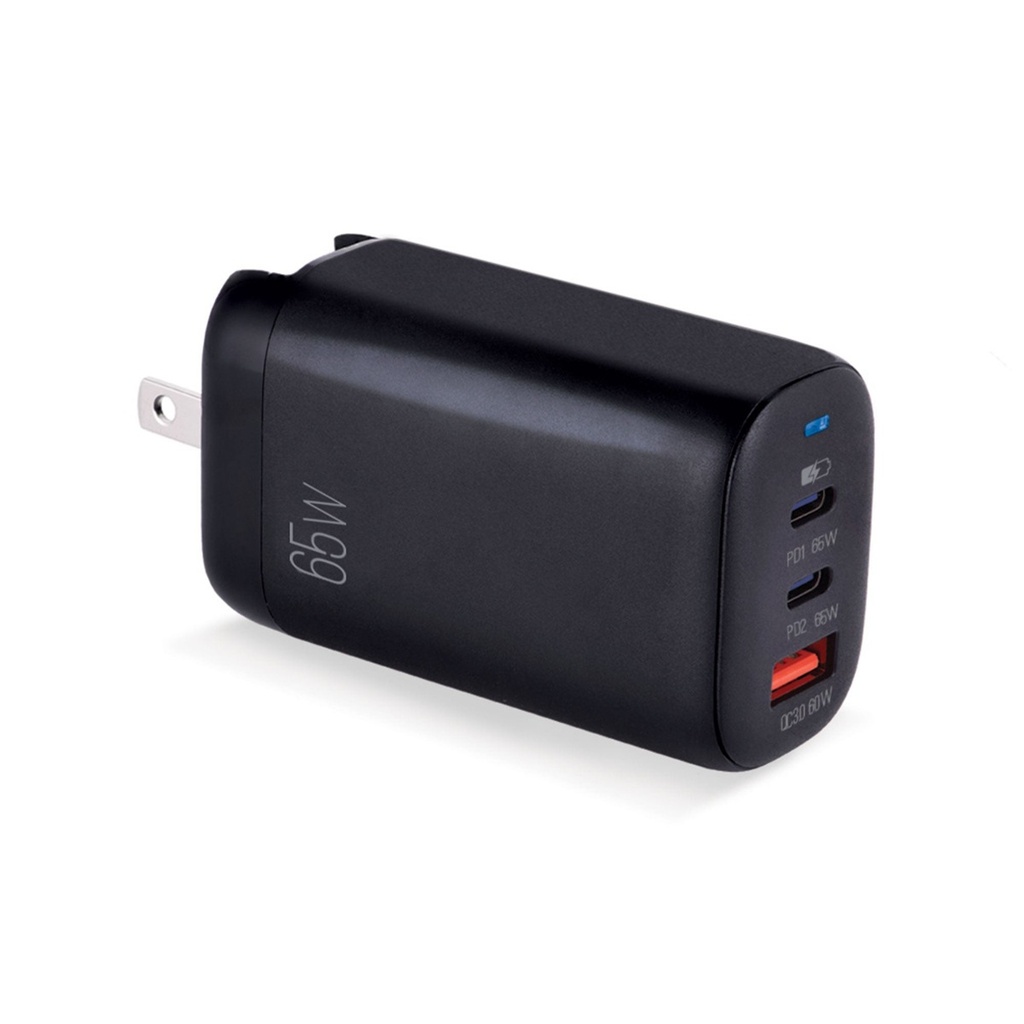 Cargador de Pared Argomtech 3 Puertos PD 65W PD 2 x Tipo-C y USB QC3.0 65W Enchufe Plegable Carga Rápida