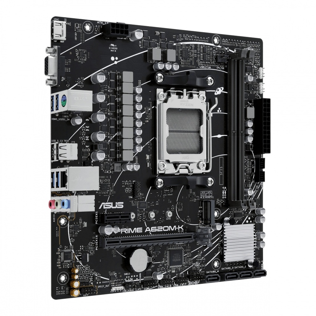 Tarjeta Madre Asus PRIME A620M-K 2xDDR5 96GB 6400Mhz HDMI VGA PCIe 4.0 M.2 S AM5 Ryzen mATX