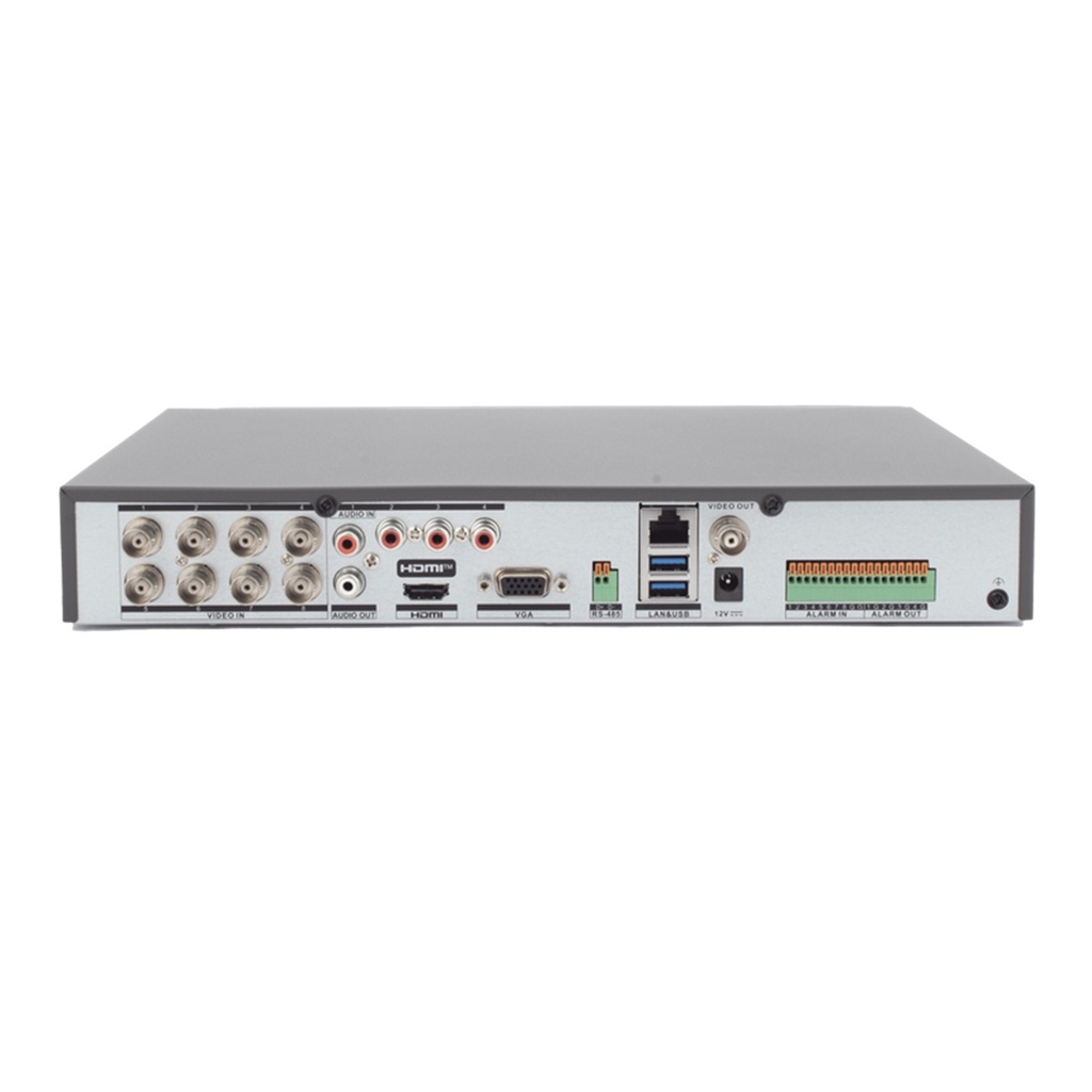 DVR 8 Canales TURBOHD + 8 Canales IP 4K Audio por Coaxitron ACUSENSE Reconocimiento Facial 1 Bahía de Disco Duro Alarmas I/O Salida de Video en 4K H.265+