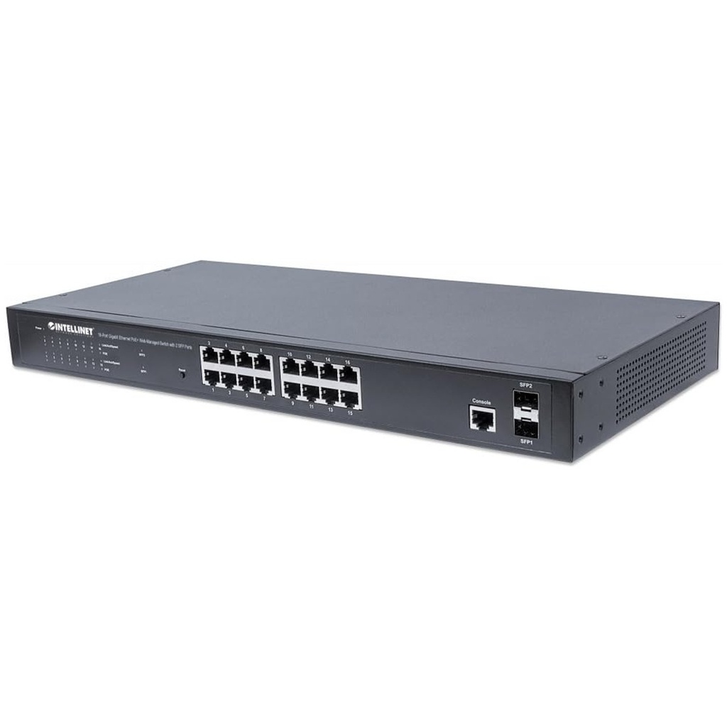 Switch Intellinet Gigabit Ethernet 561341 16 Puertos PoE+ 10/100/1000Mbps + 2 Puertos SFP 36 Gbit/s 8000 Entradas Administrable 