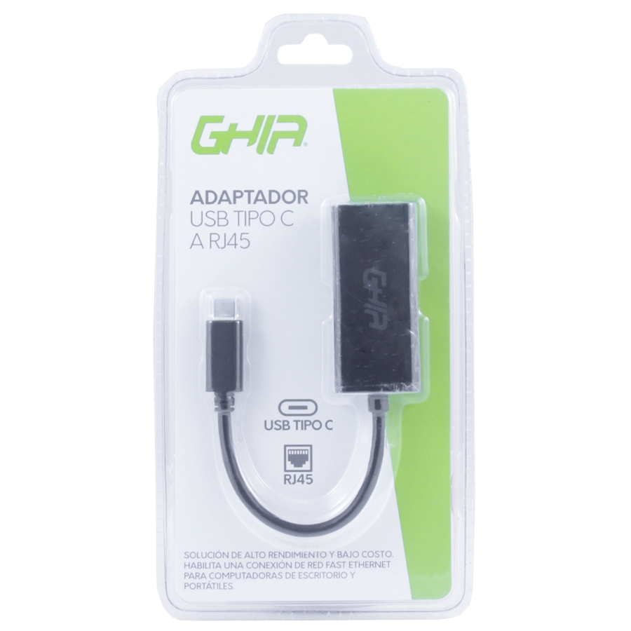 Adaptador Ghia USB 3.1 Tipo C a Red Ethernet RJ45 Color Negro