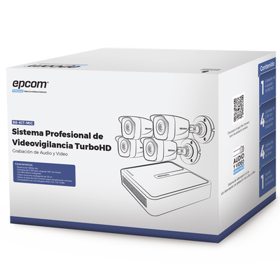 Kit de videovigilancia epcom b8-kit-mic, dvr 4 canales, 4 camaras tipo bala 1080p metal, microfono, ip66, incluye 4 cables 18m, 