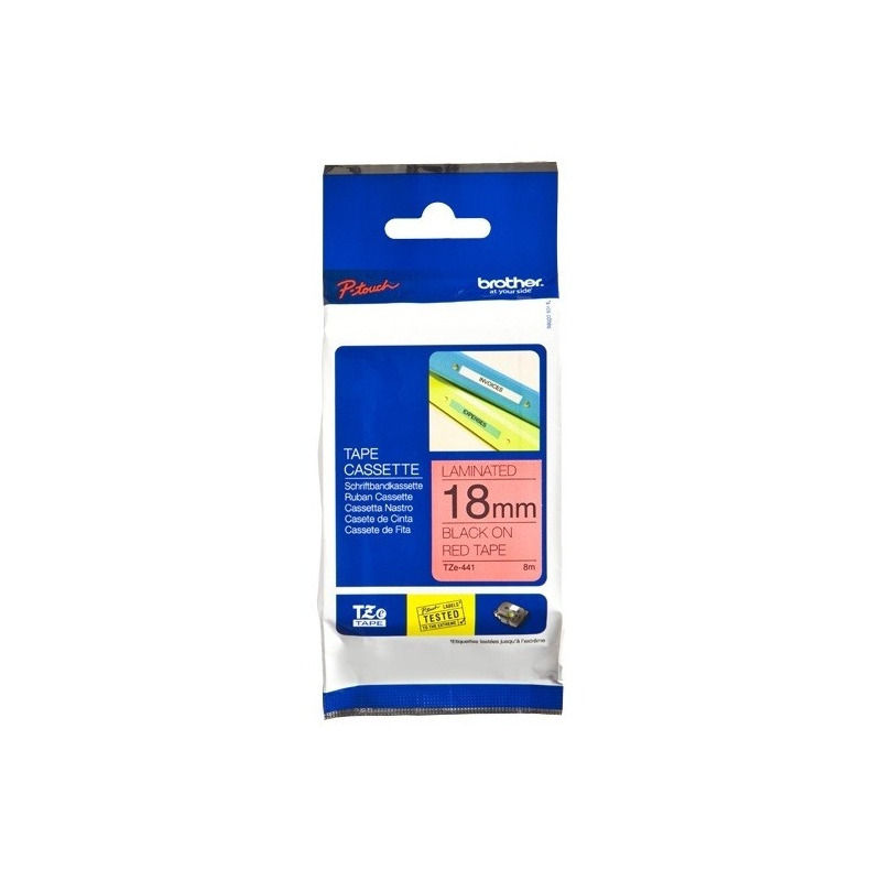Cinta brother tze441 laminada texto negro sobre fondo rojo 18mmx8m pt300/310b/330/530