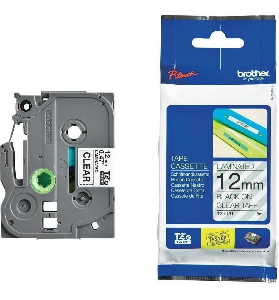 Cinta brother tze131 negro sobre transparente  laminada 1.2 cm x 8 m d