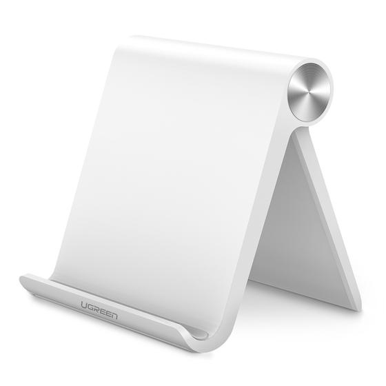 Soporte de escritorio para telefono celular / ajustable de 0° a 100° / goma antiarañazos / antideslizante / amplia compatibilidad con dispositivos de 4'' a 7.9'' / plegable / abs / color blanco