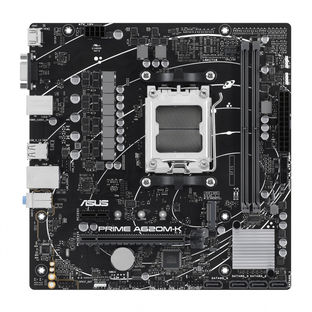Tarjeta Madre Asus PRIME A620M-K 2xDDR5 96GB 6400Mhz HDMI VGA PCIe 4.0 M.2 S AM5 Ryzen mATX