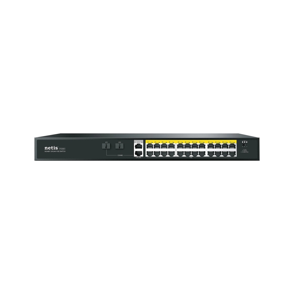 Switch Netis Gigabit Ethernet P124GH 24 Puertos PoE 10/100/1000Mbps + 2 Puerto Uplink + 2 Puertos SFP 320W 12.8 Gbit/s 16000 Entradas No Administrable 