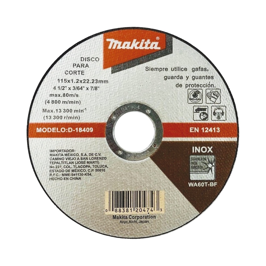 Disco De Corte Makita D18409 7/8" De Acero Inoxidable Diámetro De 4-1/2" 