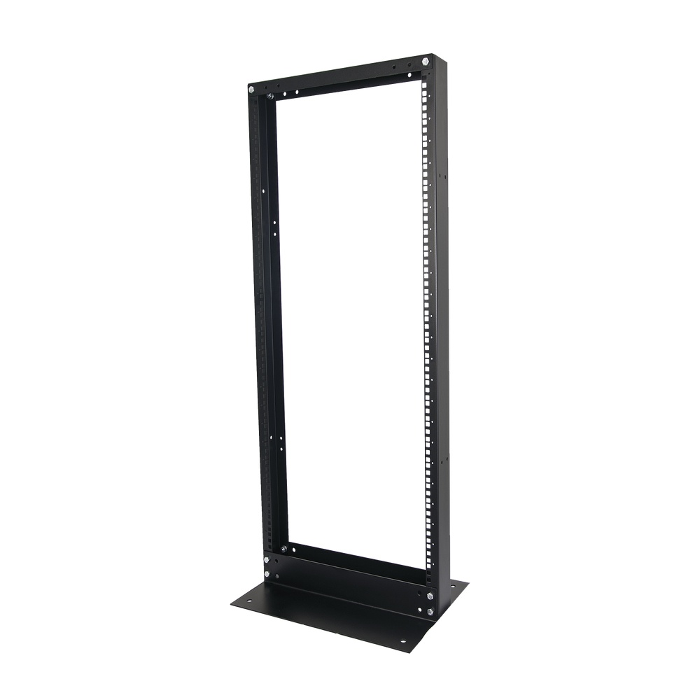 Rack de 2 postes, estándar 19", 45 unidades, fabricado en acero, base "l" para anclar a piso.
