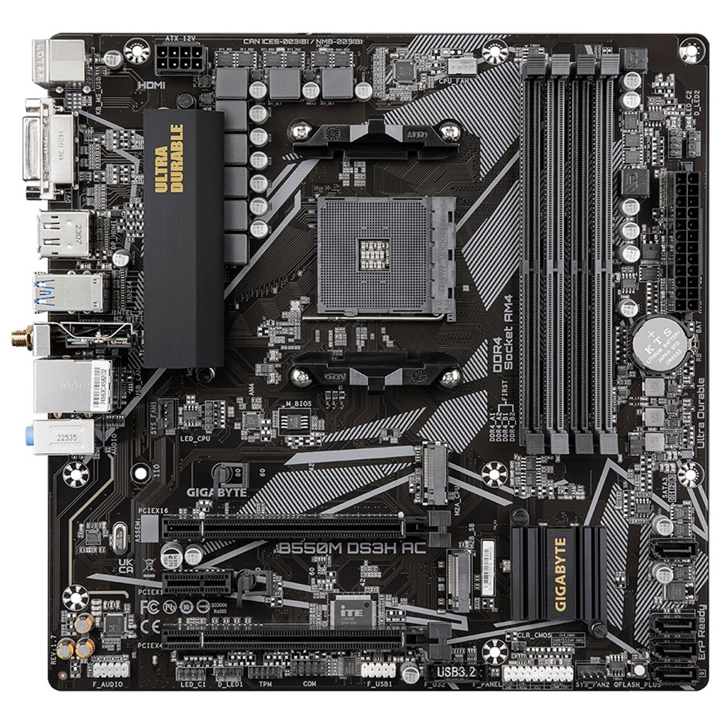 Tarjeta Madre Gigabyte B550M DS3H AC R2 1.0 S-AM4 4x DDR4 3200MHz HDMI DP WIFI BT4.2 Micro ATX
