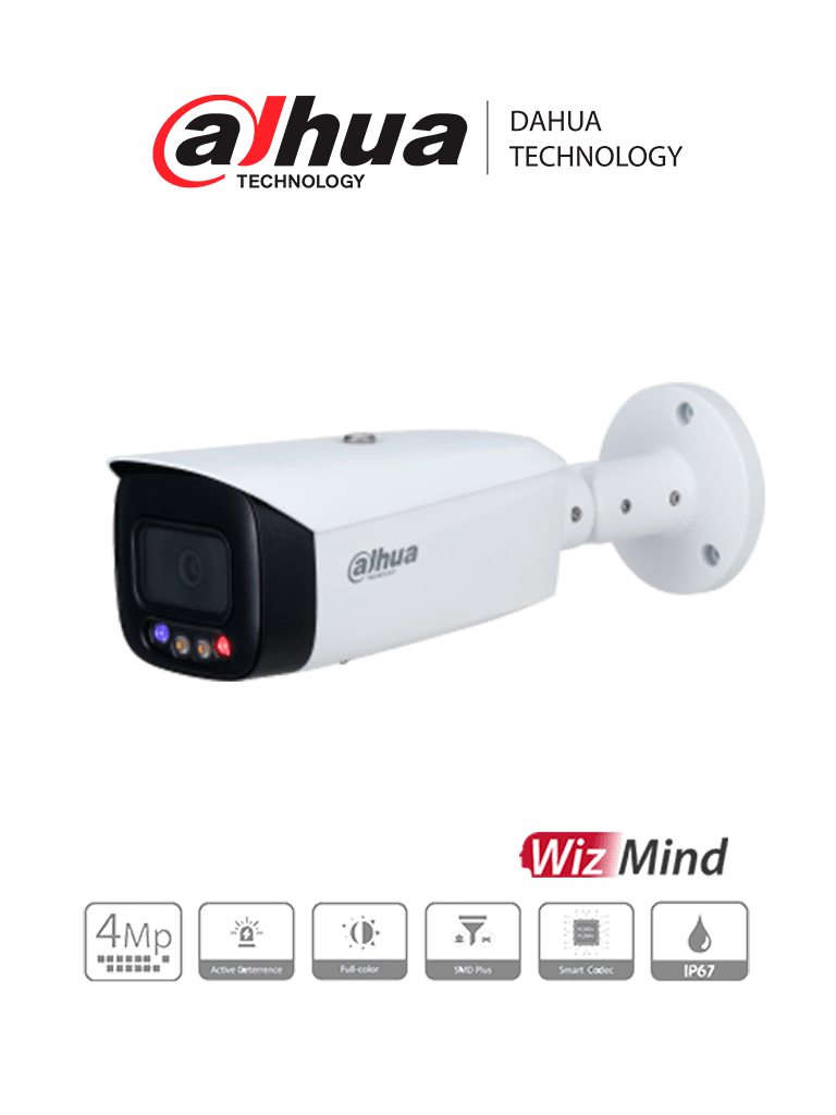 Dahua dh-ipc-hfw3449t1n-as-pv-0360b- cámara ip bullet de 4 mp/ lente de 3,6 mm/ sirena integrada/ estrobo rojo y azul/ full colo