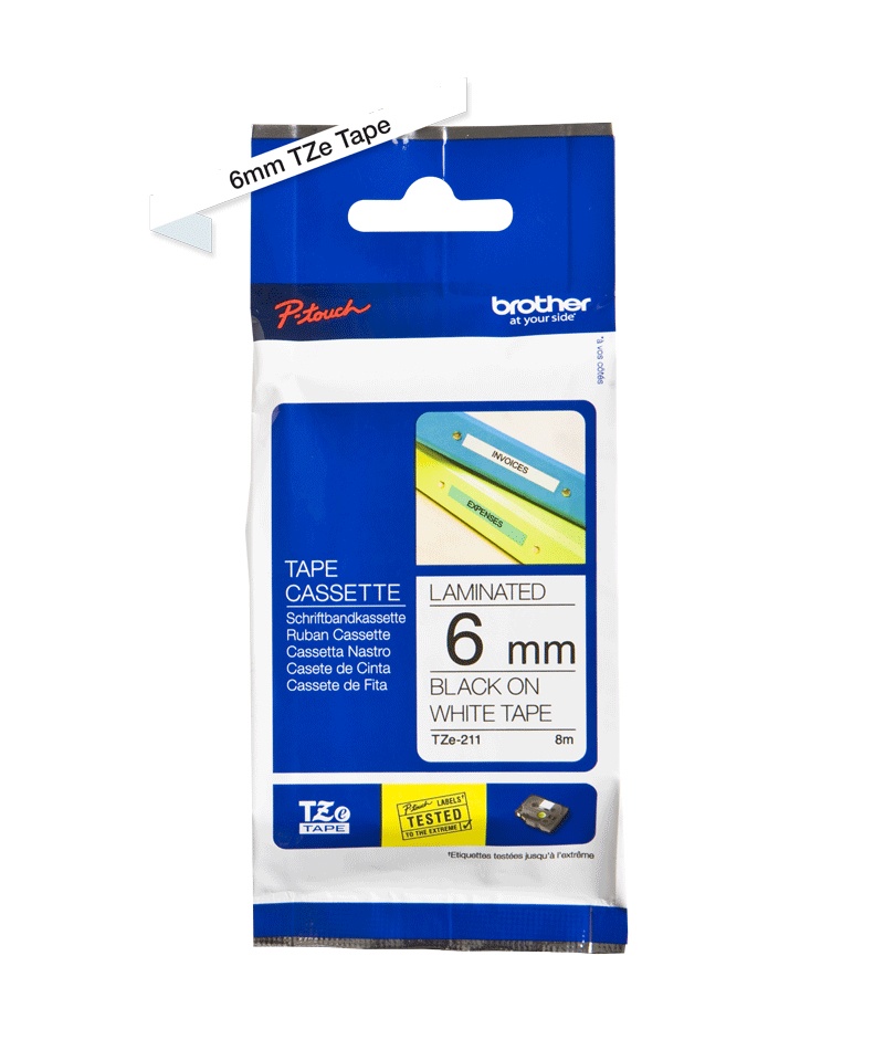 Cinta laminada brother estandar texto negro sobre cinta blanca de 6mm x 8m