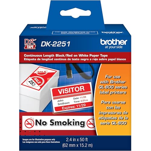 Cinta etiquetadora brother dk2251 papel negro y rojo sobre blanco longitud continua 62mmx15.2m ql-800/810w/820nwb