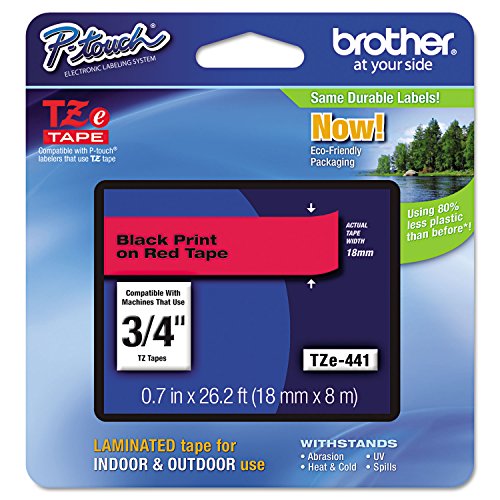 Cinta brother tze441 laminada texto negro sobre fondo rojo 18mmx8m pt300/310b/330/530