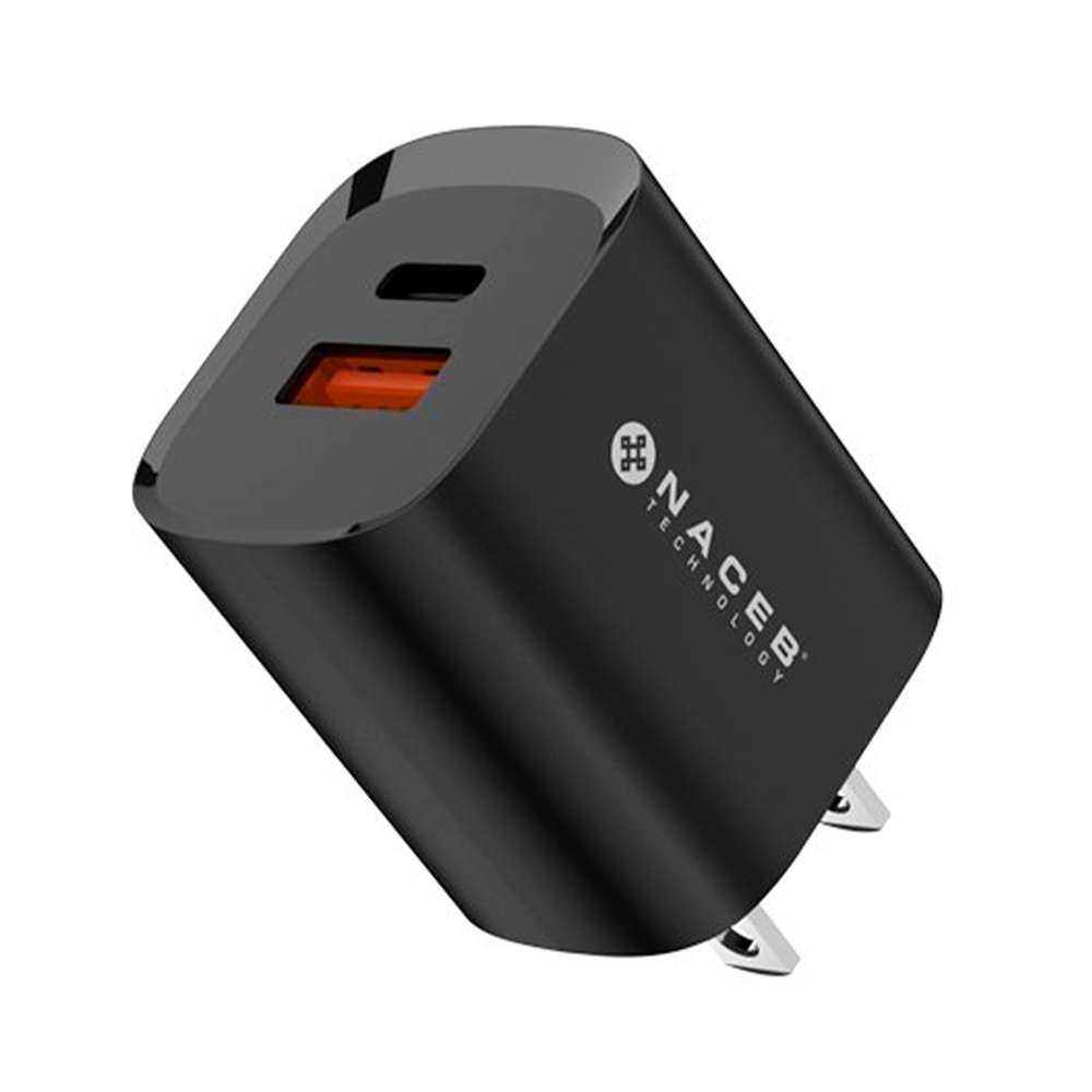 Cargador de Pared Naceb NA-0143 / USB-C + USB-A / GaN 35W / Compacto / Negro / Protección Múltiple / NA-0143
