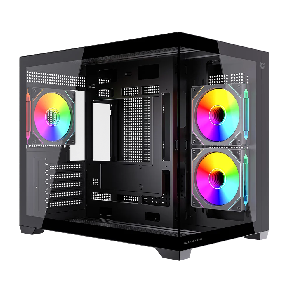 Gabinete balam rush gamer mini torre tank core pro gi925 / max mb m-atx sin fuente / 1x usb a 3.0 + 3xfan 120mm argb 4 pin / full cristal / negro