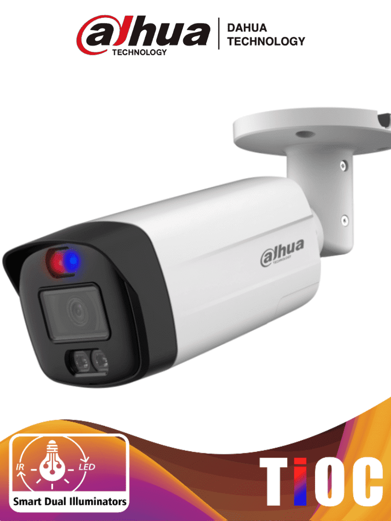 Camara dahua hac-me1509thn-a-pv-s2 - cámara bullet tioc de 5 megapixeles / iluminador dual inteligente + disuasión activa con luz roja y azul / lente de 2.8mm / 111 grados / 40 metros de iluminación ir y visible / micrófono integrado / wdr real de 120 db