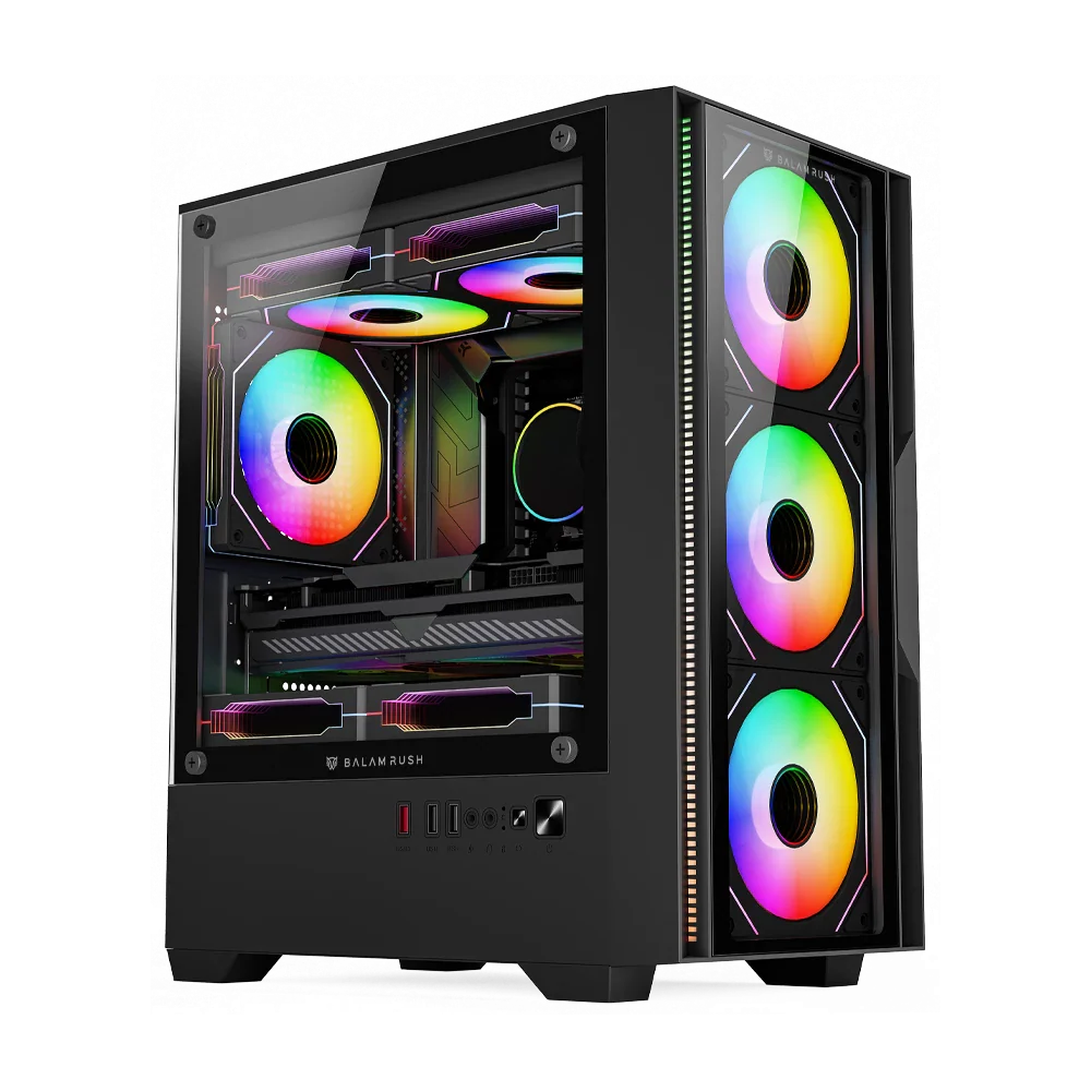 Gabinete balam rush gamer compact mini torre nitrox edge pro crystal 4900c / max mb m-atx sin fuente / 1x usb a 3.0 + 2x usb a 2.0 + 4xfan 120mm argb 4 pin / panel izq cristal + frente cristal / negro