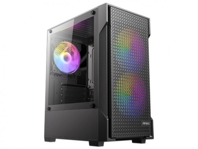 Gabinete antec vx100m rgb, mini tower, tempered glass side panel, micro-atx, itx, fuente no, negro
