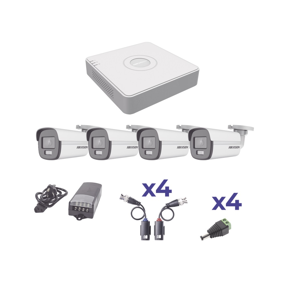 Kit de Vigilancia Hikvision Colorvu, 4 Cámaras Bala Exterior 2.8mm 1080p + DVR 4 Canales + 4 Transceptores + Fuente de 4 Canale