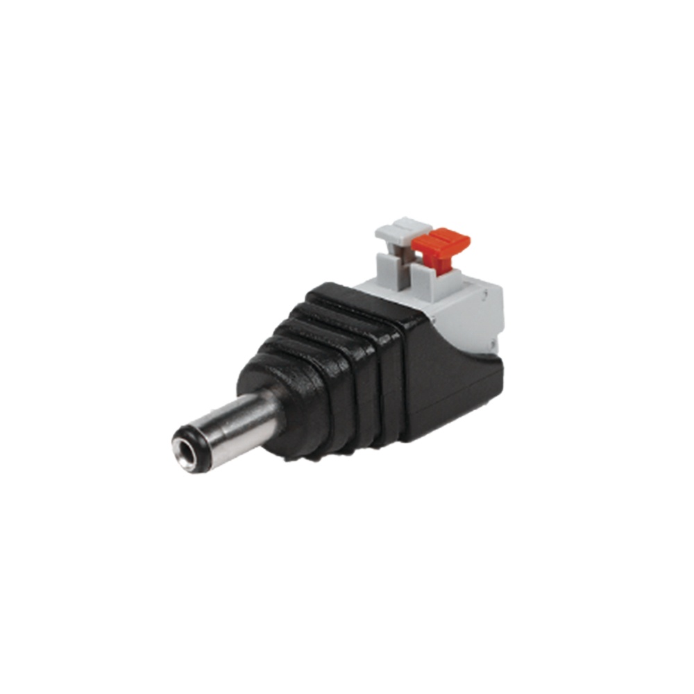 Adaptador tipo jack de 3.5 mm macho polarizado de 12 vcd con terminales de presión.