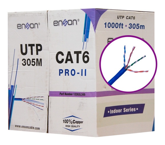Cable utp cat6 enson 12263l305 serie pro-ii calibe 23 awg 100% cobre de alto rendimiento bobina de 305 metros forro pvc color az