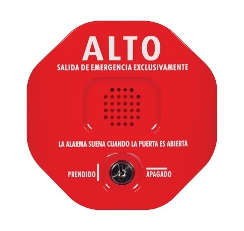 Anunciador audible y visible para salida de emergencia, texto en inglés y etiquetas en múltiples idiomas