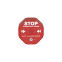 Anunciador audible para salida de emergencia de doble hoja, texto en inglés y etiquetas en múltiples idiomas