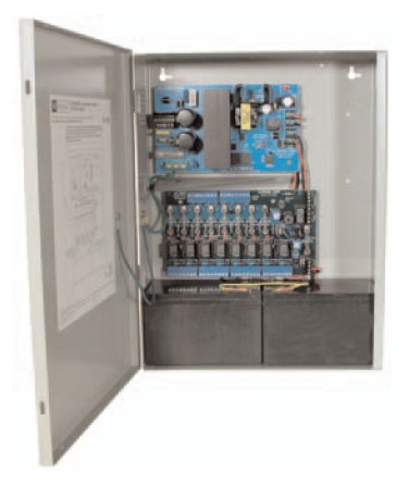 Fuente para aplicaciones en control de acceso, y detección de incendio, con capacidad de respaldo para 12 y 24 vcd @ 4 a , con 8