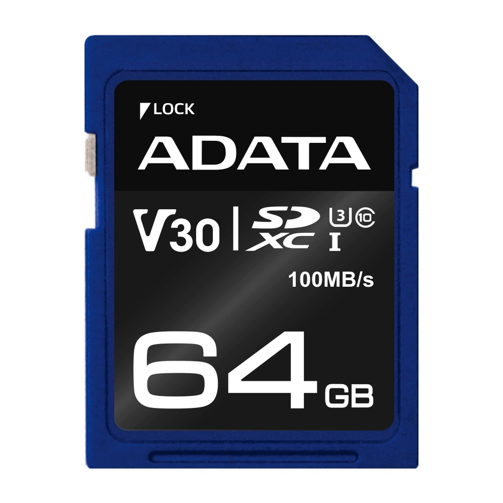 Memoria sdxc adata, 64gb, cl10, v30, 4k, uhd, negro/azul (asdx64gui3v30s-r)