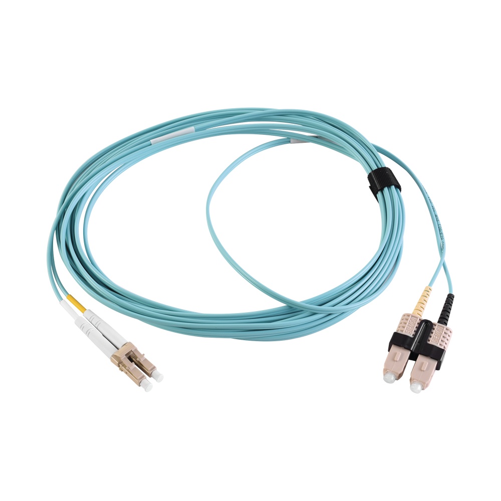 Jumper de fibra óptica multimodo 50/125 xglo om3, lc-sc duplex, ofnr, color aqua, 5 metros
