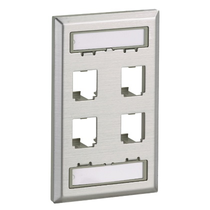 Placa de pared vertical, de acero inoxidable, salida para 4 puertos mini-com, con espacios para etiquetas