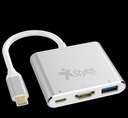Hub 3 en 1 stylos usb c a hdmi + usb 3.0 + usb c con caja gris